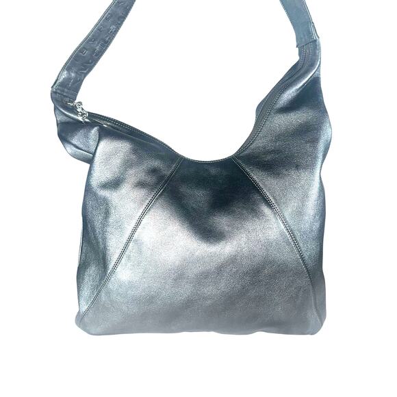 Americana by Sharif Metallic Gray Leather Shoulder Crossbody Bag Slouchy Chic - Picture 3 of 16